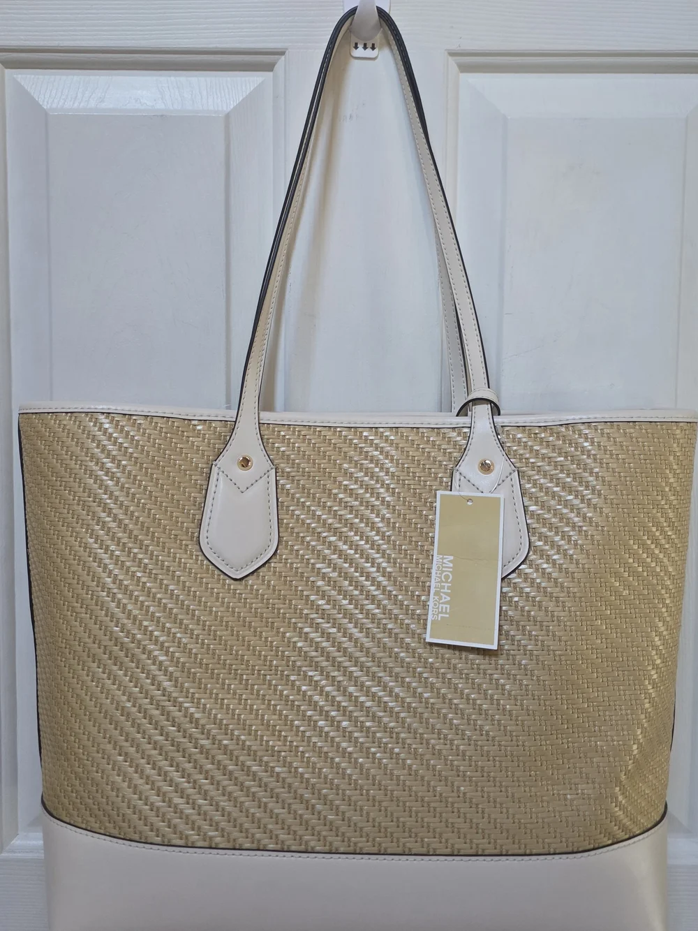 Michael Kors White & Natural MK Logo Tote Bag W/Matching Pouch NWT